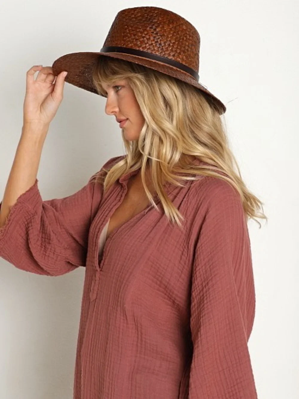 Janessa Leone Dora Raffia Straw Fedora Hat Brown
